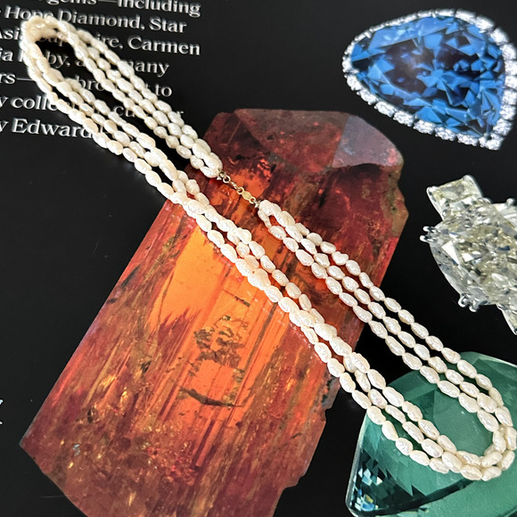 14K Yellow Gold Genuine Cream Pearl Triple Strand Multi Row Necklace 16" - Picture 5 of 10